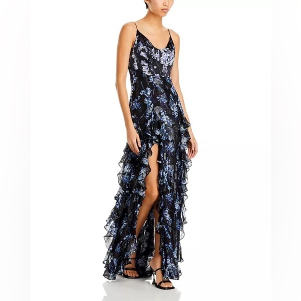 CINQ A SEPT Coastal Floral Glenda Cascading Ruffle Lurex Metallic Dress 12 NWT - Picture 3 of 16